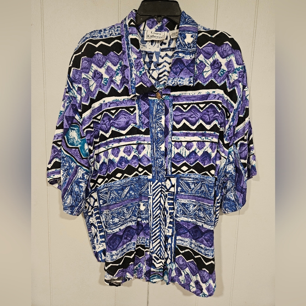 Laura Katherine Women's Top 22W/42 Purple Geometric Ladies 90s 100% Rayon Shirt